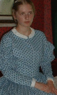 Civil War era cotton print dress with double puff sleeves.